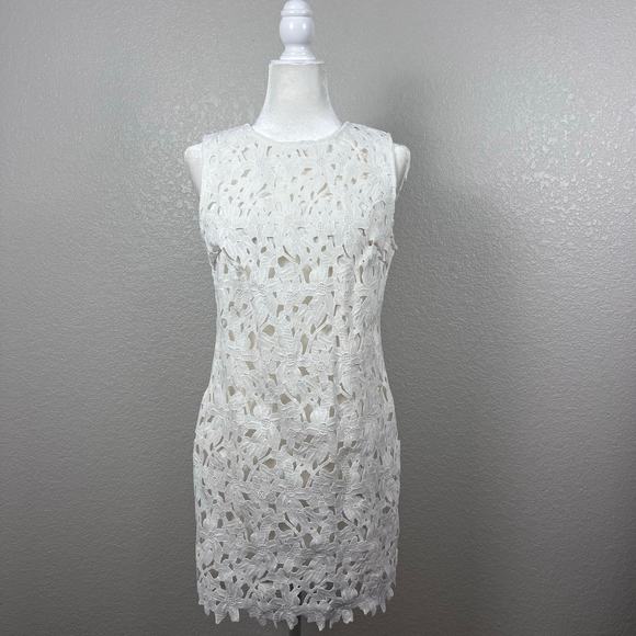 Womens Size Medium White Lined Floral Lace Mini Knee Length Dress Bridal Boho - Picture 1 of 7